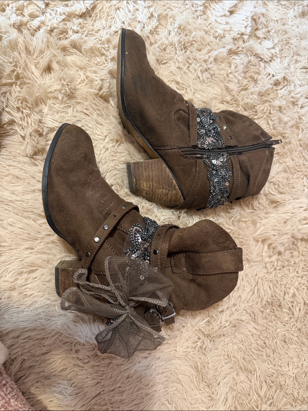 Mojo Moxy Brown Suede Ankle Booties with Beaded Strap and Tulle Bow